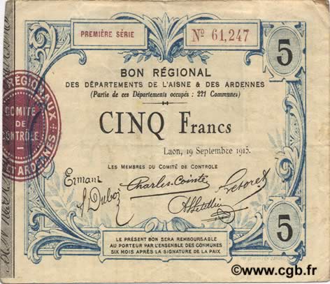 5 Francs FRANCE Regionalismus und verschiedenen  1915 JP.02-1303 SS