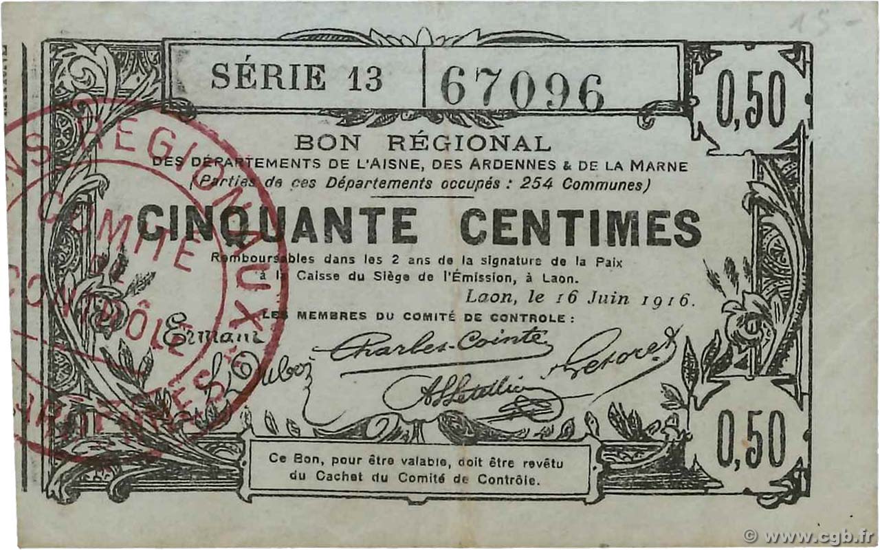 50 Centimes FRANCE Regionalismus und verschiedenen Laon 1916 JP.02-1308 SS