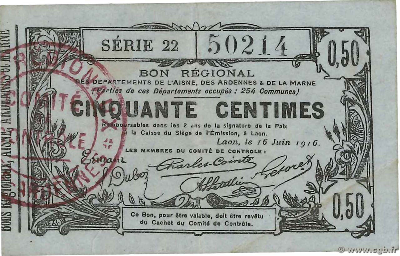 50 Centimes FRANCE Regionalismus und verschiedenen Laon 1916 JP.02-1308 SS