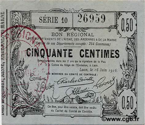 50 Centimes FRANCE regionalism and various  1916 JP.02-1308 AU