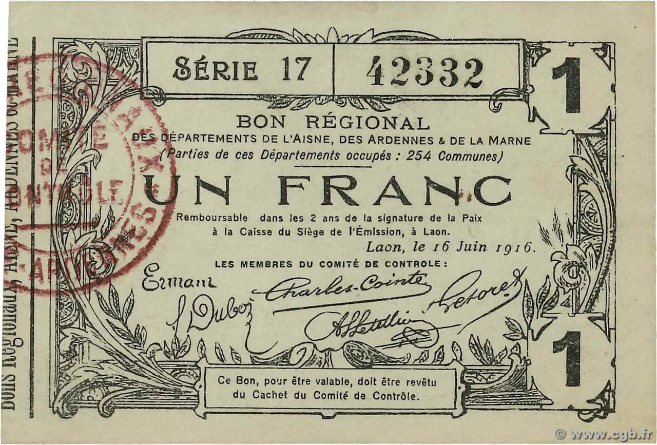1 Franc FRANCE regionalismo e varie Laon 1916 JP.02-1309 SPL+