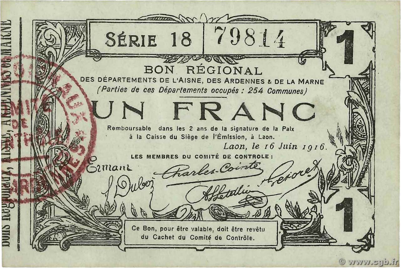 1 Franc FRANCE Regionalismus und verschiedenen Laon 1916 JP.02-1309 SS