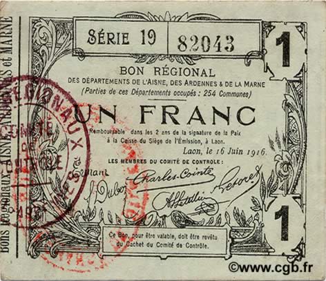 1 Franc FRANCE Regionalismus und verschiedenen  1916 JP.02-1309 SS