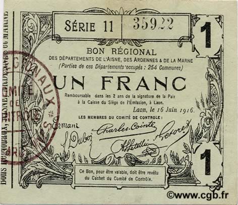 1 Franc FRANCE Regionalismus und verschiedenen  1916 JP.02-1309 VZ