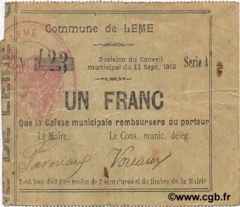 1 Franc FRANCE regionalismo e varie  1915 JP.02-1334 MB
