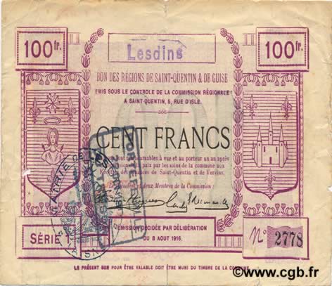 100 Francs FRANCE régionalisme et divers  1916 JP.02-1350.SQG pr.TTB