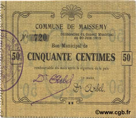 50 Centimes FRANCE regionalism and various  1915 JP.02-1419 AU