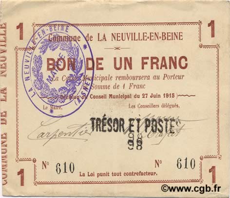 1 Franc FRANCE regionalism and various  1915 JP.02-1642 XF