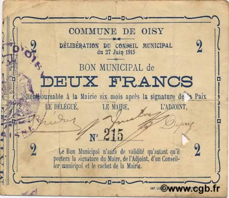 2 Francs FRANCE regionalism and various  1915 JP.02-1708 VF