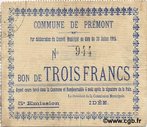 3 Francs FRANCE regionalism and various  1915 JP.02-1835 VF
