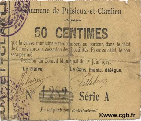 50 Centimes FRANCE regionalism and various  1915 JP.02-1852 G