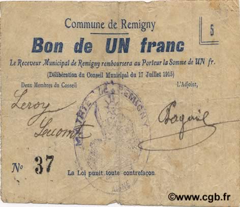 1 Franc FRANCE regionalism and various  1915 JP.02-1912 VF-