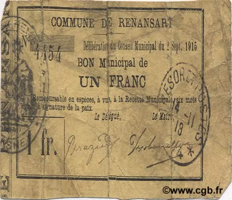 1 Franc FRANCE regionalism and various  1915 JP.02-1924 G