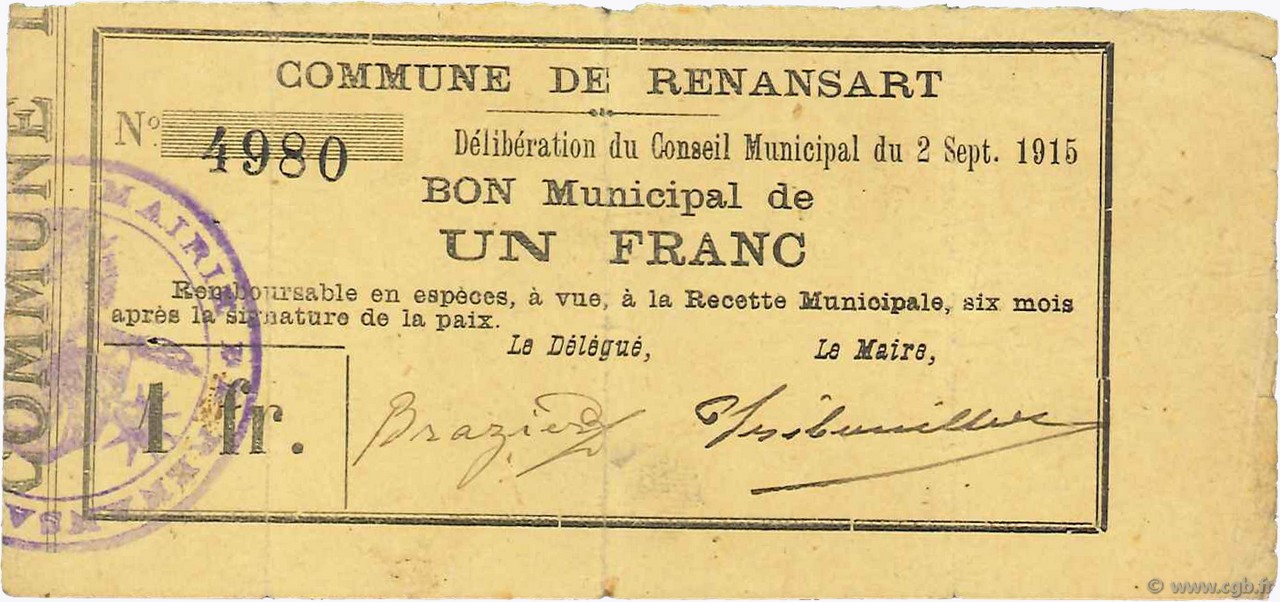 1 Franc FRANCE Regionalismus und verschiedenen  1915 JP.02-1924 SS