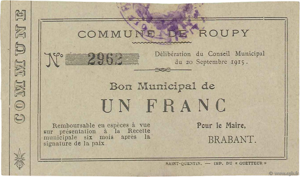 1 Franc FRANCE Regionalismus und verschiedenen  1915 JP.02-1957 SS