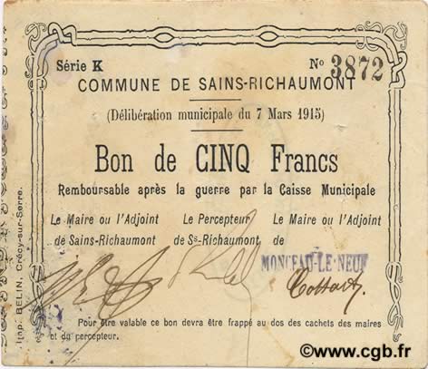 5 Francs FRANCE Regionalismus und verschiedenen  1915 JP.02-1970 SS