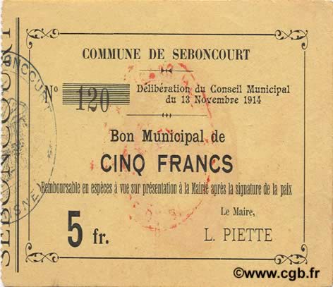 5 Francs FRANCE regionalism and various  1914 JP.02-2111 VF+