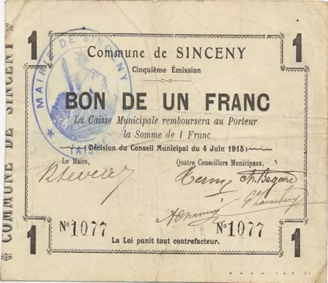 1 Franc FRANCE regionalism and various  1915 JP.02-2186 F+