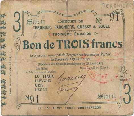 3 Francs FRANCE regionalism and various  1915 JP.02-2256 F