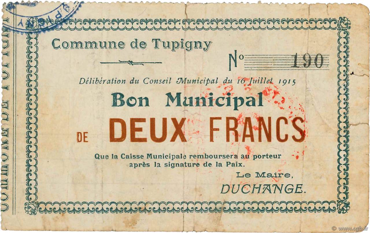 2 Francs FRANCE regionalism and miscellaneous Tupigny 1915 JP.02-2314 VG
