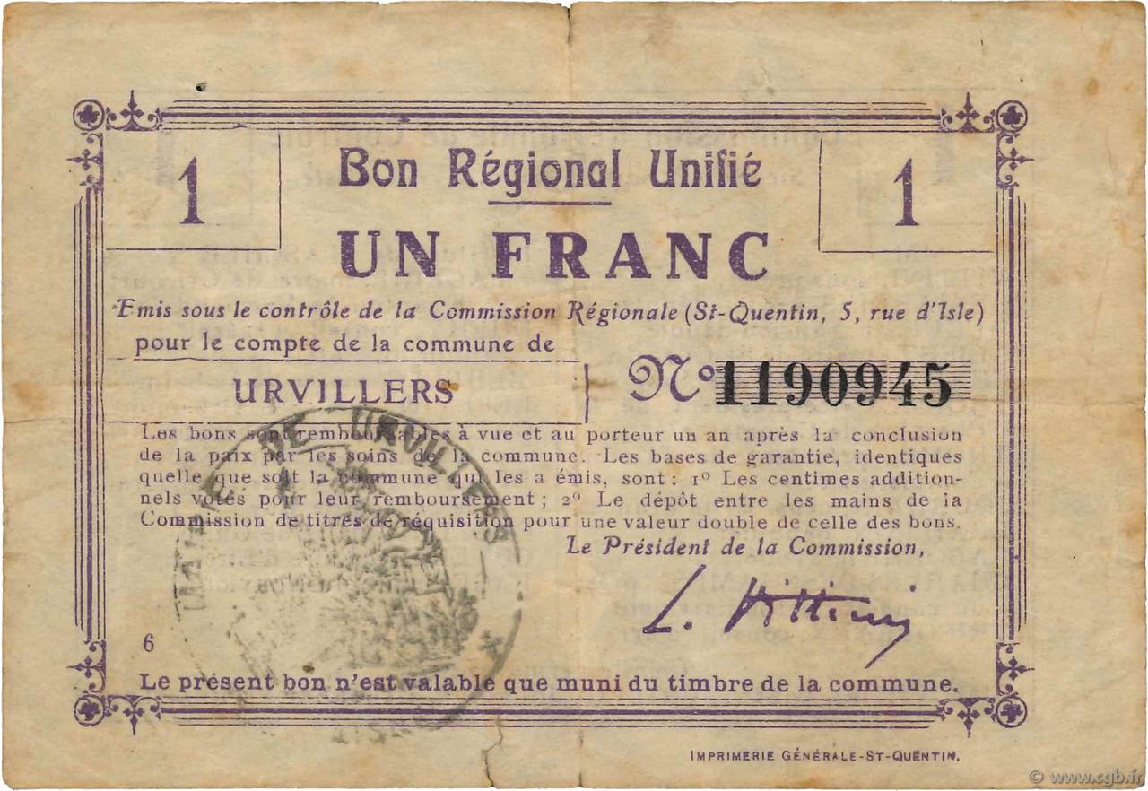 1 Franc FRANCE regionalismo y varios Urvillers 1916 JP.02-2319.BRU RC+
