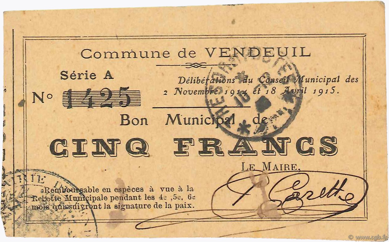 5 Francs FRANCE regionalism and various  1915 JP.02-2369 VF