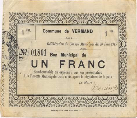 1 Franc FRANCE regionalism and various  1915 JP.02-2382 VF