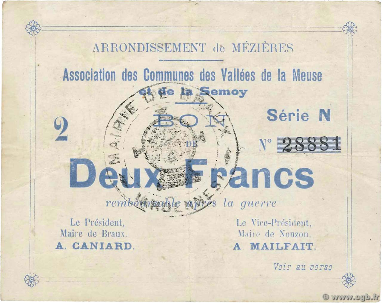 2 Francs FRANCE regionalism and various Braux 1915 JP.08-057 VF