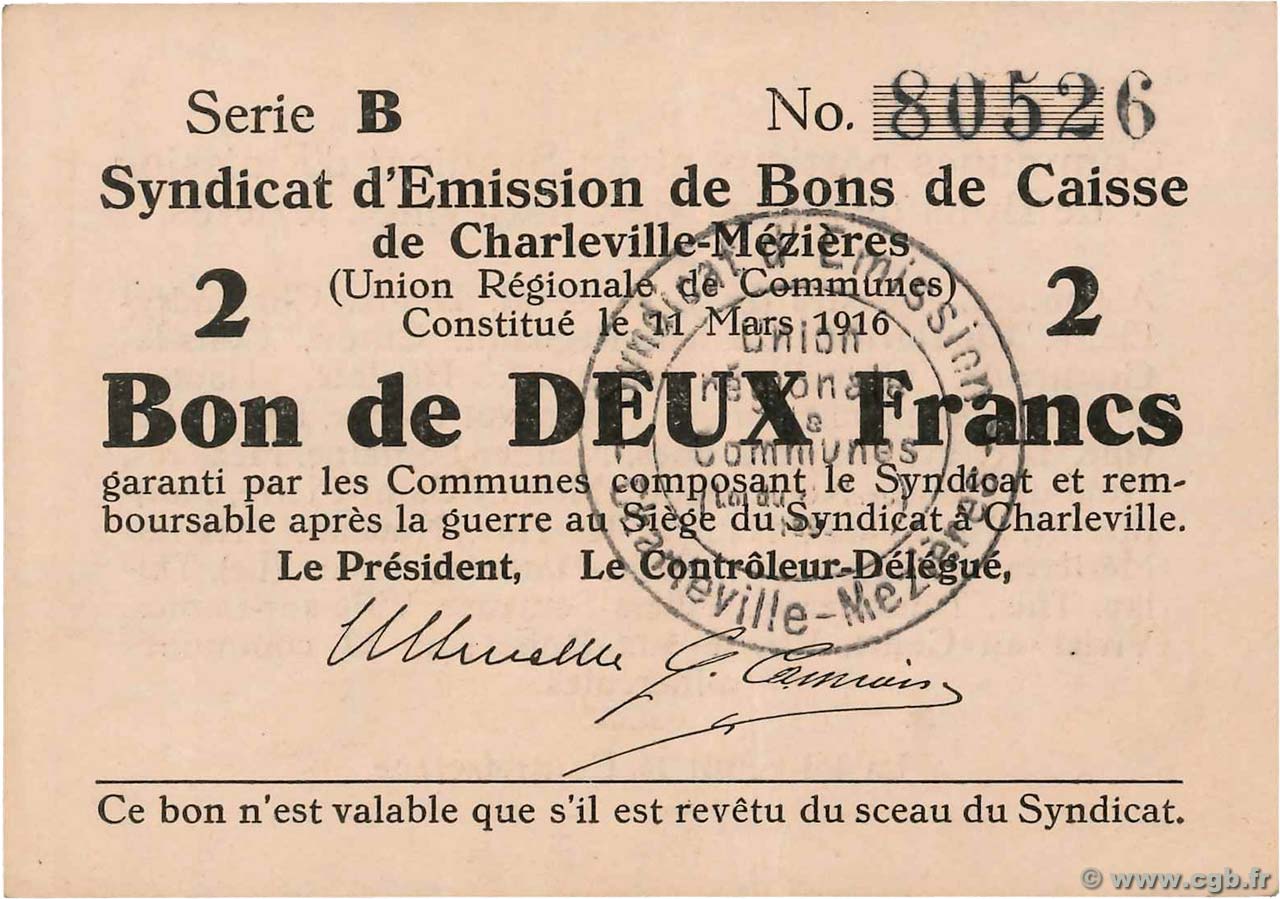 2 Francs FRANCE régionalisme et divers Charleville-Mezieres 1916 JP.08-084 SPL