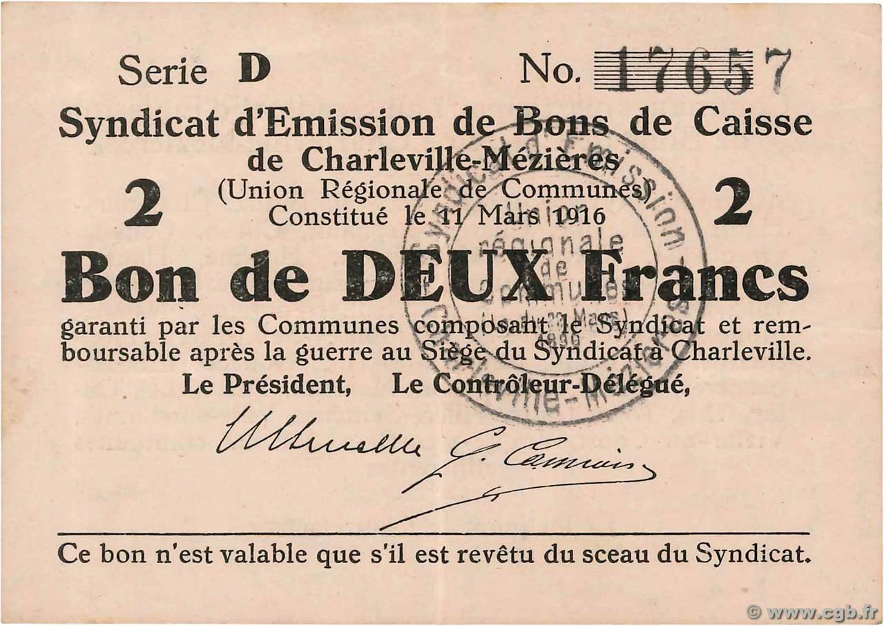 2 Francs FRANCE regionalismo y varios Charleville-Mezieres 1916 JP.08-084 EBC