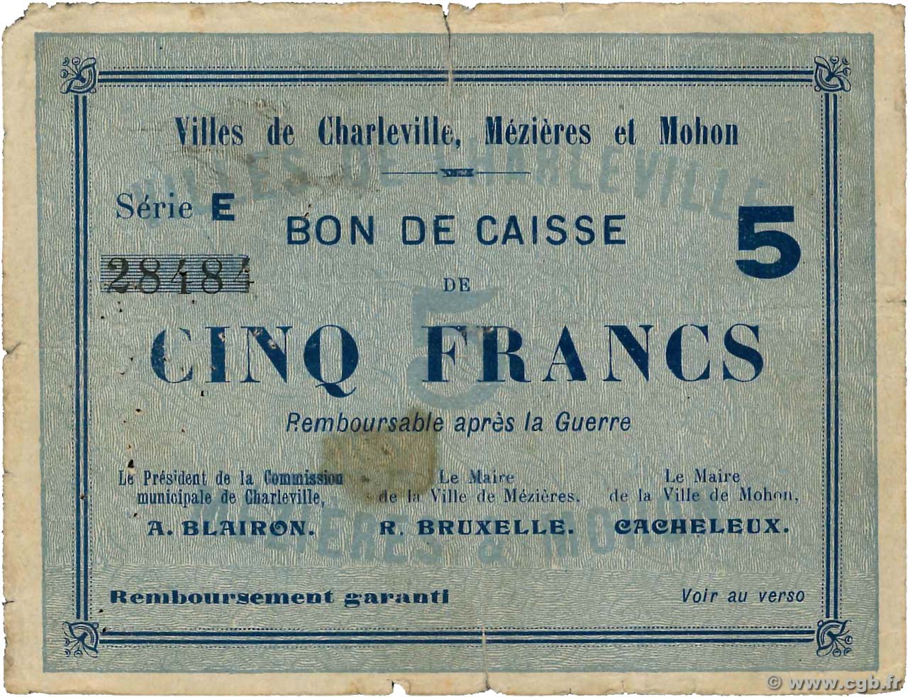 5 Francs FRANCE regionalismo y varios Charleville, Mezieres Et Mohon 1915 JP.08-103 BC
