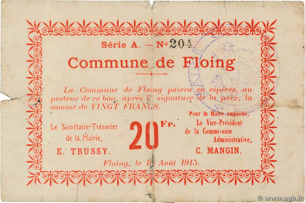 20 Francs FRANCE régionalisme et divers Floing 1915 JP.08-125 TB