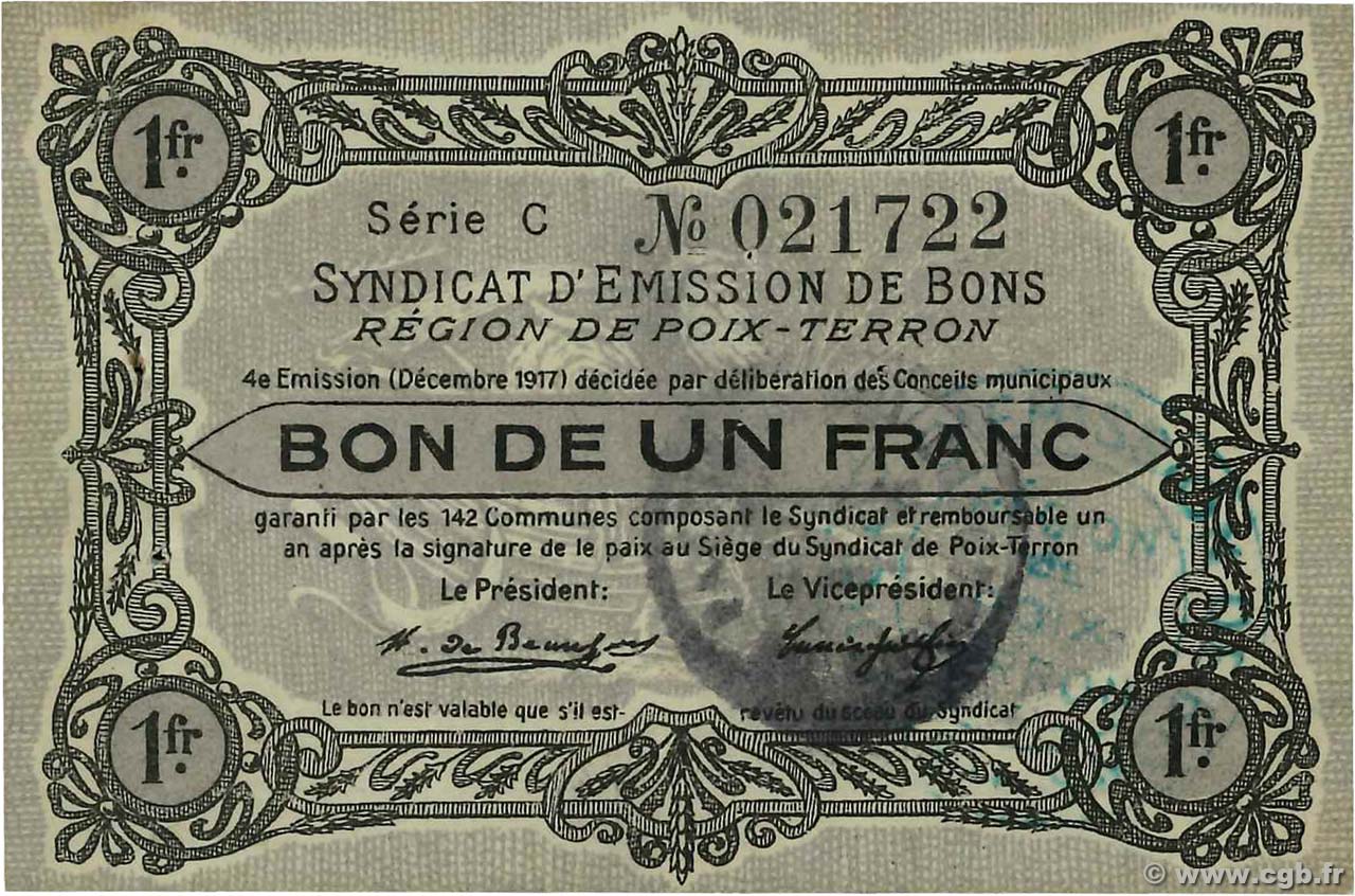 1 Franc FRANCE regionalismo y varios Poix-Terron 1917 JP.08-156 EBC