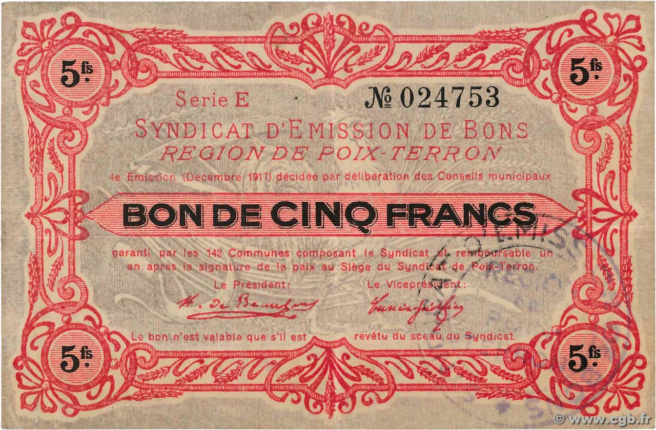5 Francs FRANCE regionalism and miscellaneous Poix-Terron 1917 JP.08-159 XF