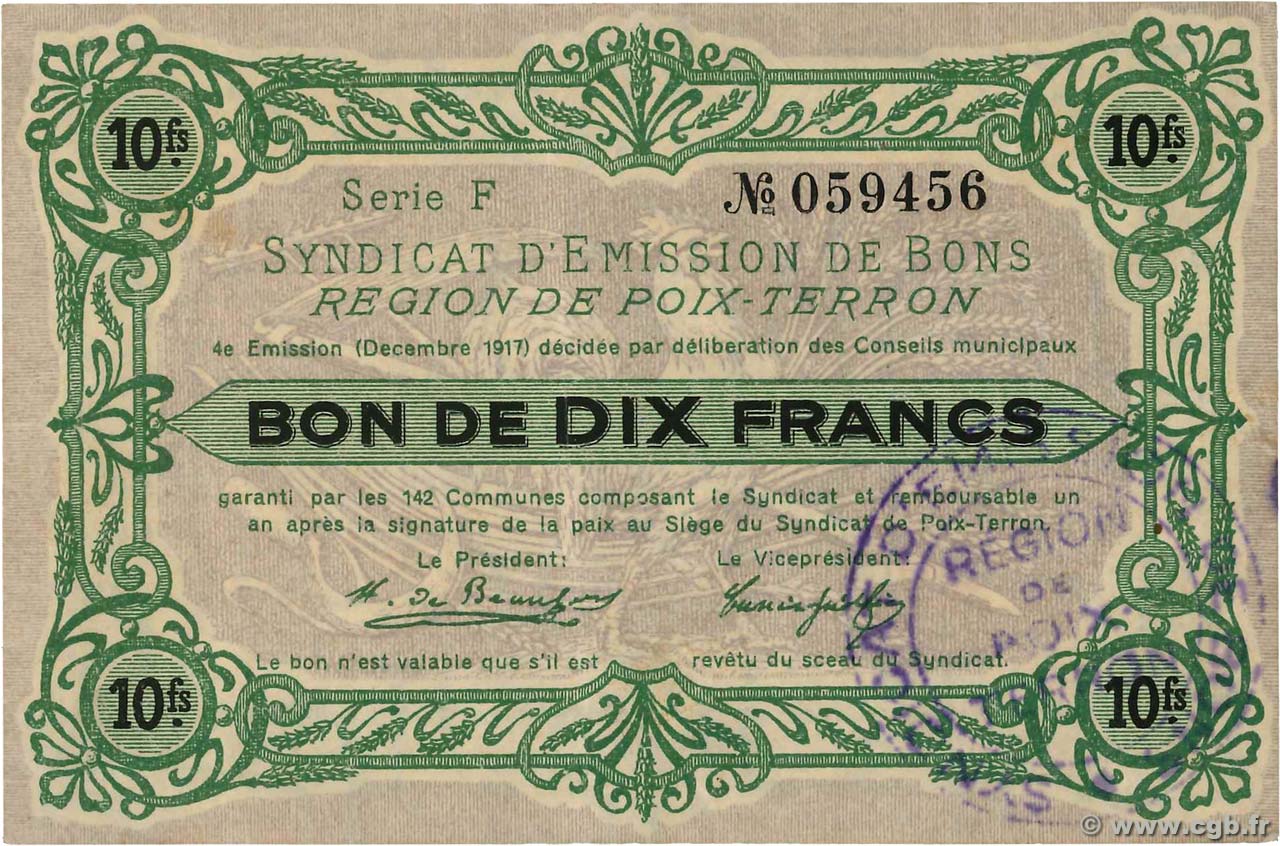 10 Francs FRANCE Regionalismus und verschiedenen Poix-Terron 1917 JP.08-160 VZ