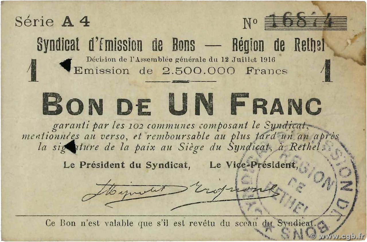 1 Franc FRANCE régionalisme et divers Rethel 1916 JP.08-167 TTB