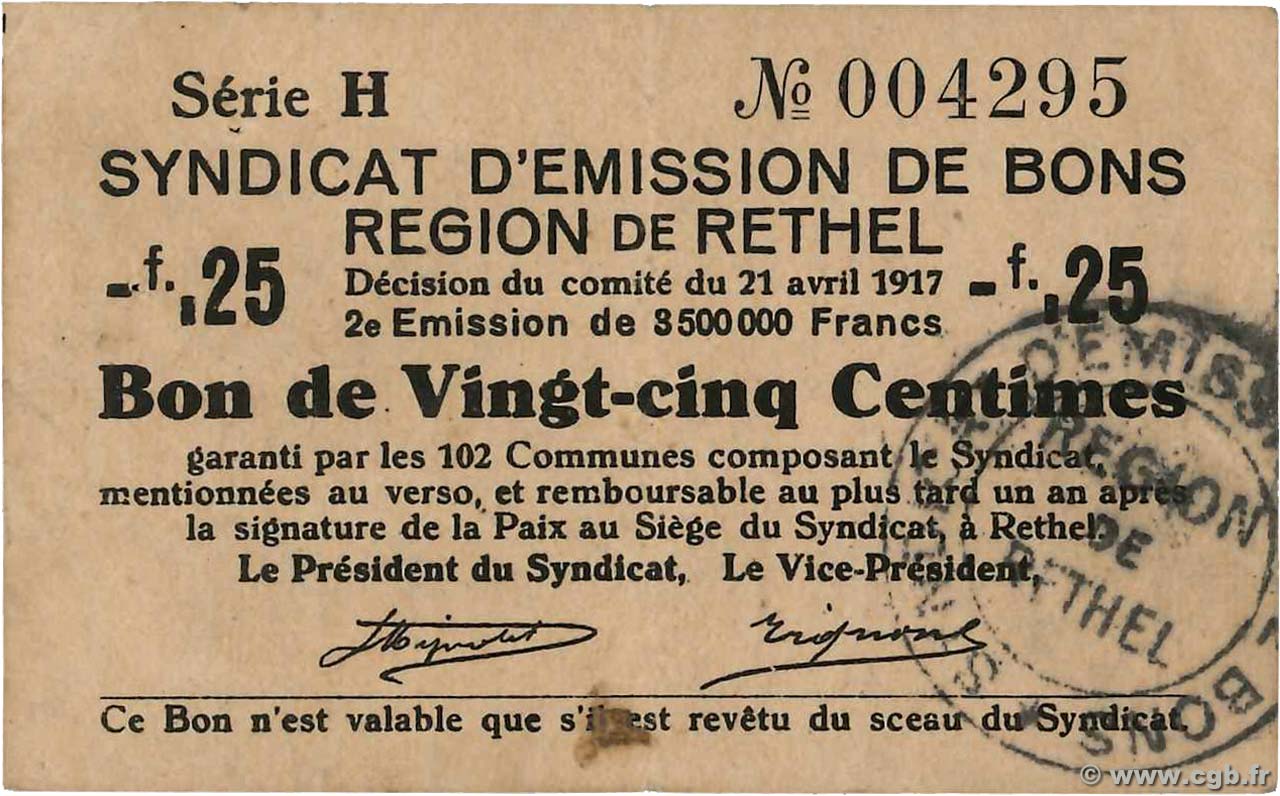 25 Centimes FRANCE régionalisme et divers Rethel 1917 JP.08-172 TTB