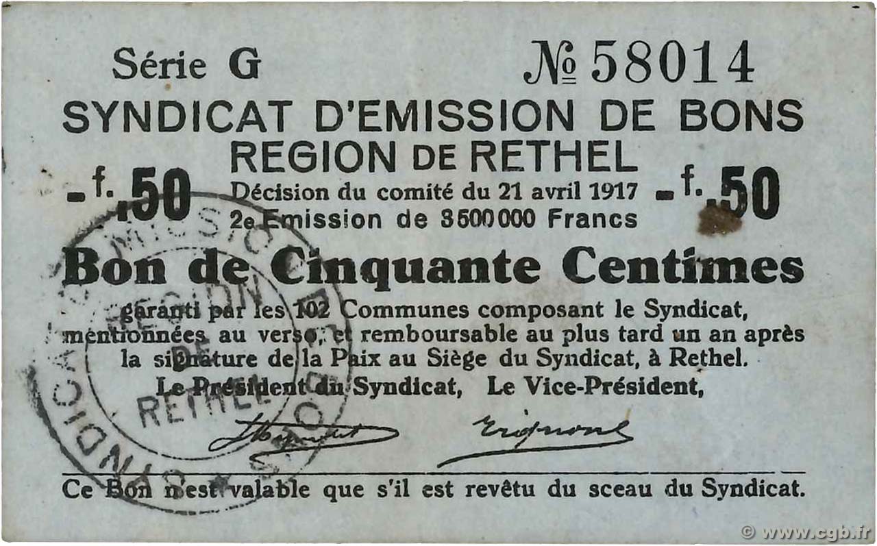50 Centimes FRANCE Regionalismus und verschiedenen Rethel 1917 JP.08-173 SS
