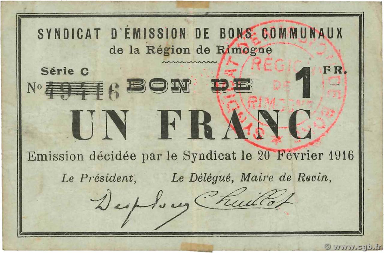 1 Franc FRANCE regionalism and miscellaneous Rimogne 1916 JP.08-190 F