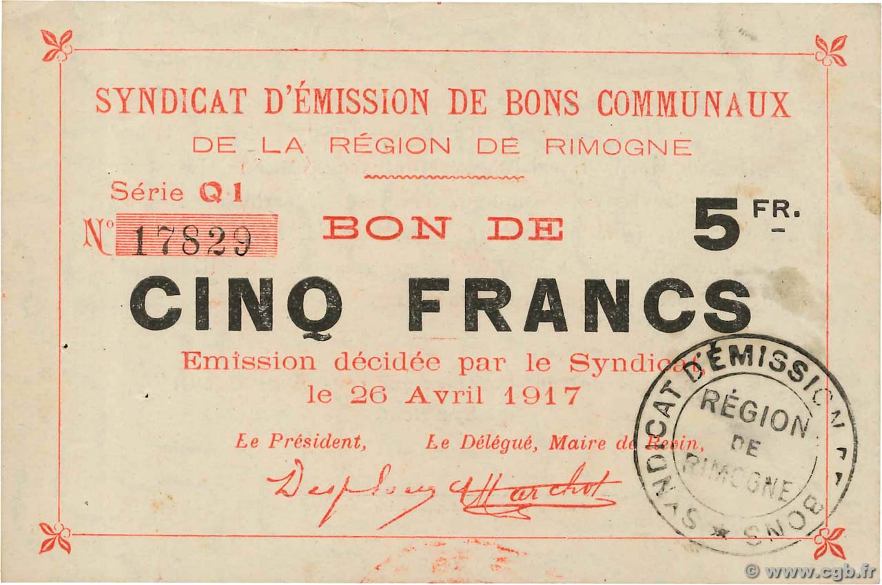 5 Francs FRANCE regionalismo y varios Rimogne 1917 JP.08-206 EBC