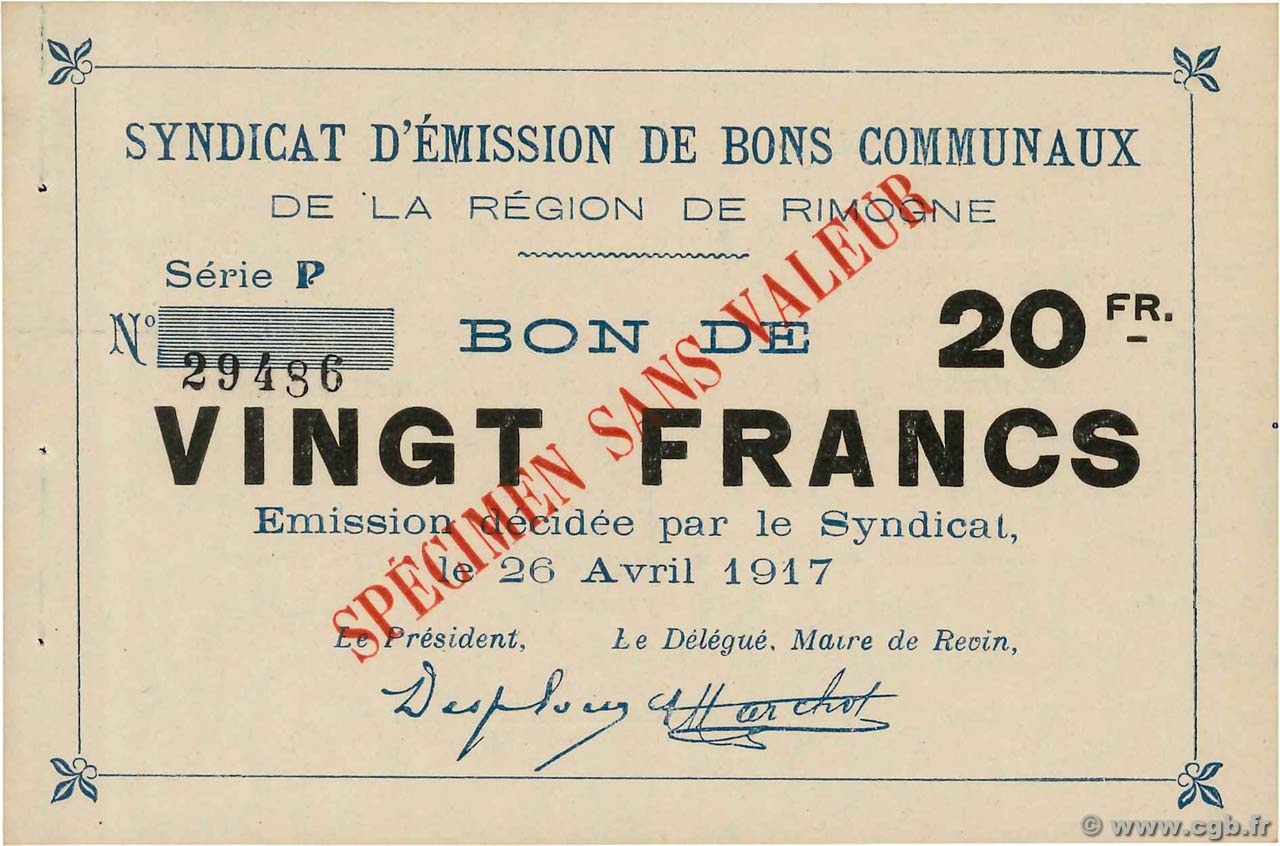 20 Francs Spécimen FRANCE regionalismo e varie Rimogne 1917 JP.08-207 AU