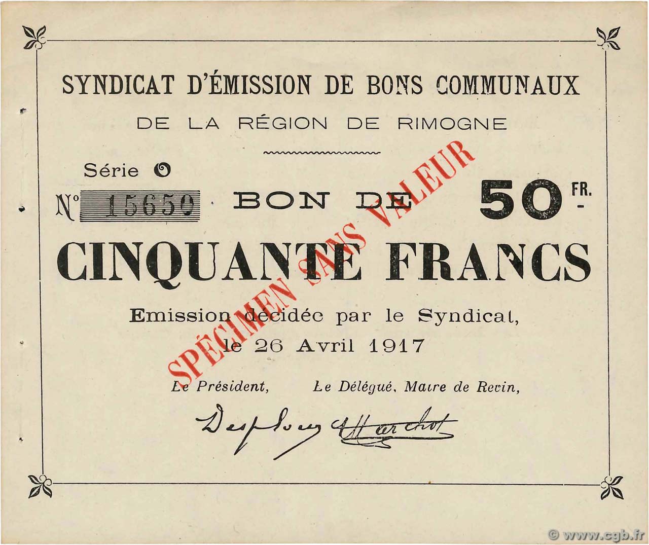 50 Francs Spécimen FRANCE regionalism and miscellaneous Rimogne 1917 JP.08-208 XF
