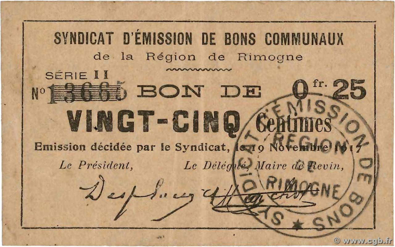 25 Centimes FRANCE Regionalismus und verschiedenen Rimogne 1917 JP.08-210 VZ
