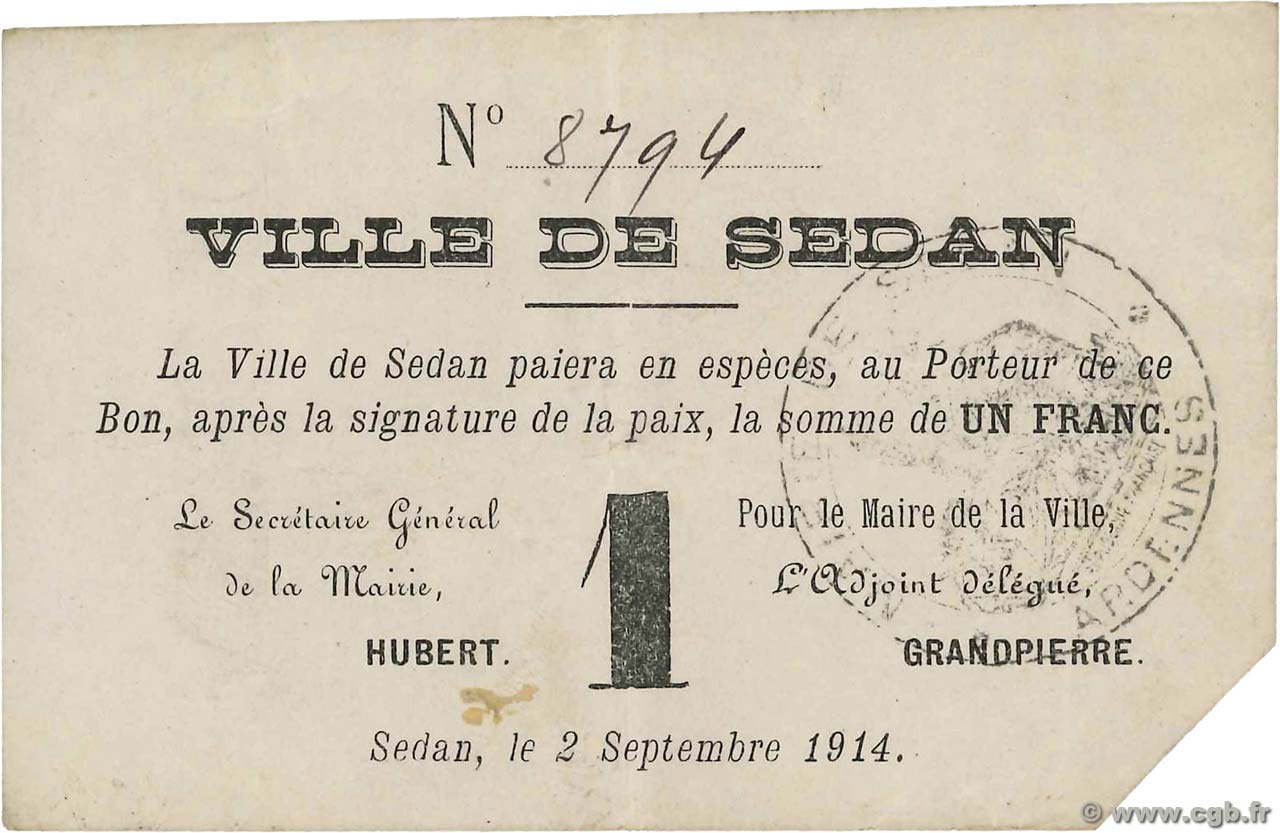 1 Franc FRANCE Regionalismus und verschiedenen Sedan 1914 JP.08-249 VZ