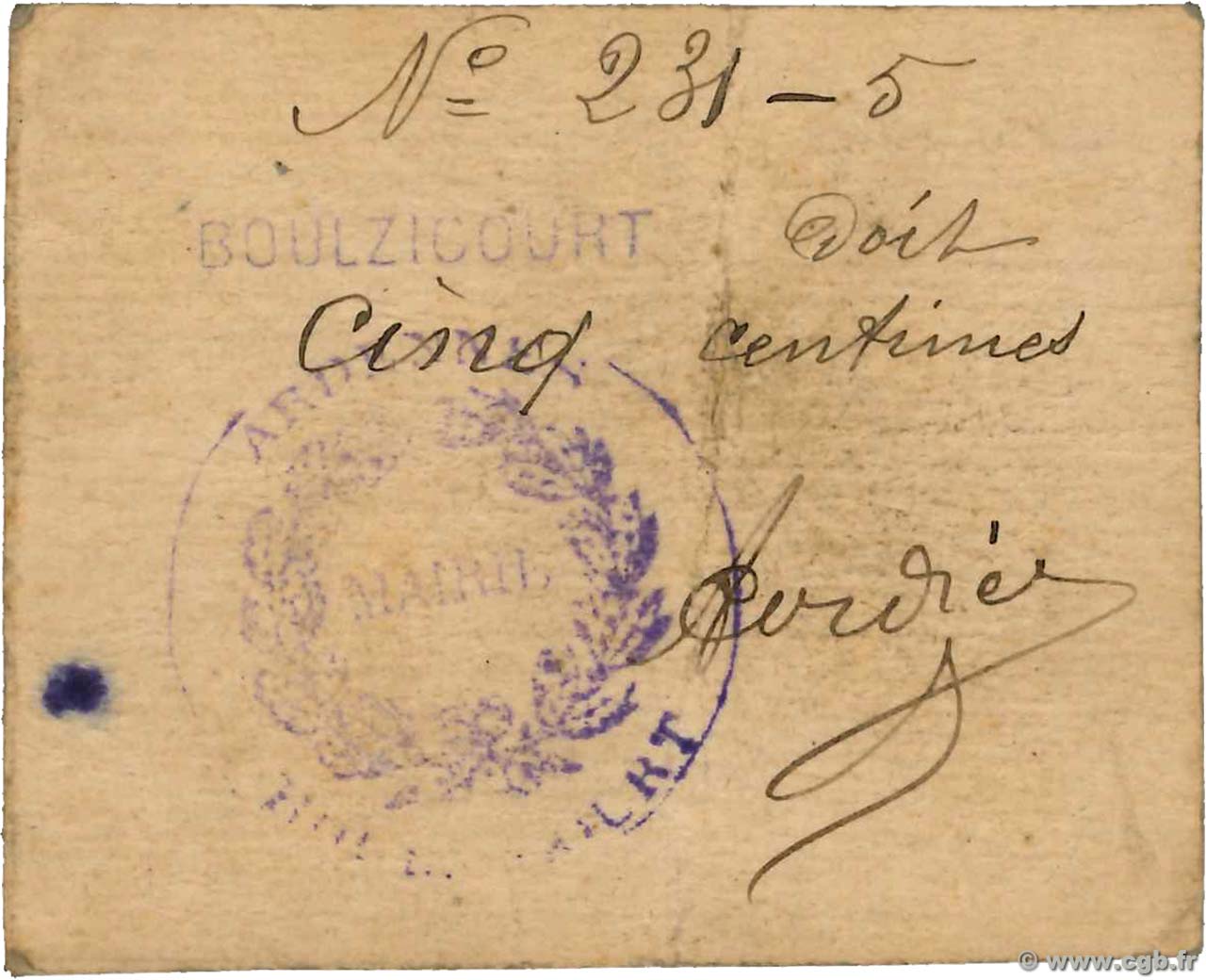 5 Centimes FRANCE régionalisme et divers Boulzicourt 1914 JP.08-324 TTB