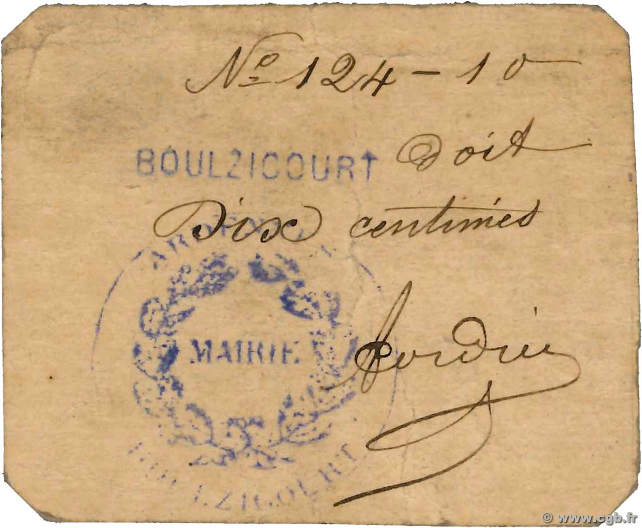 10 Centimes FRANCE régionalisme et divers Boulzicourt 1914 JP.08-325 TTB