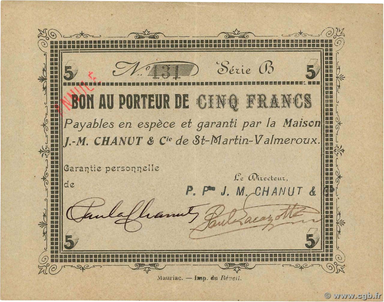 5 Francs Annulé FRANCE régionalisme et divers St-Martin-Valmeroux 1914 JP.15-09 SUP