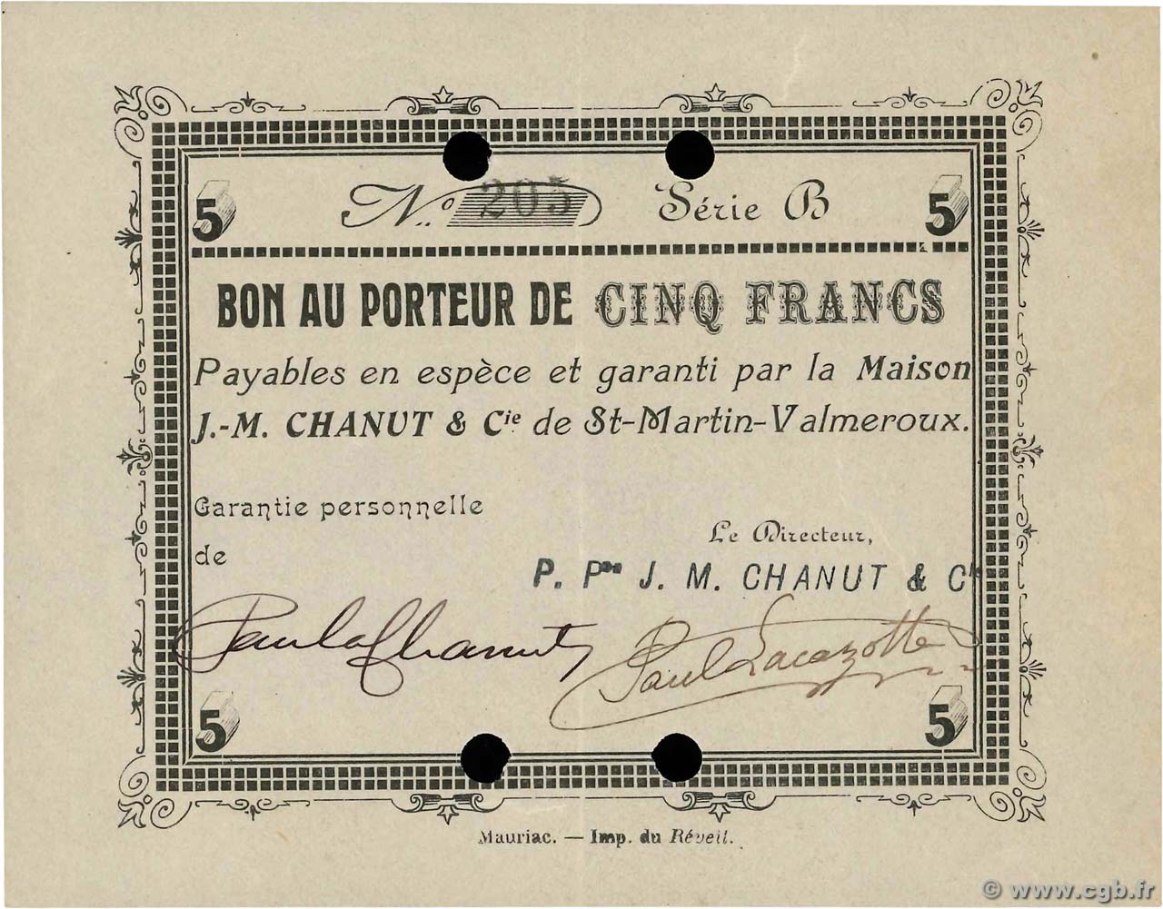 5 Francs FRANCE régionalisme et divers St-Martin-Valmeroux 1914 JP.15-13 SUP
