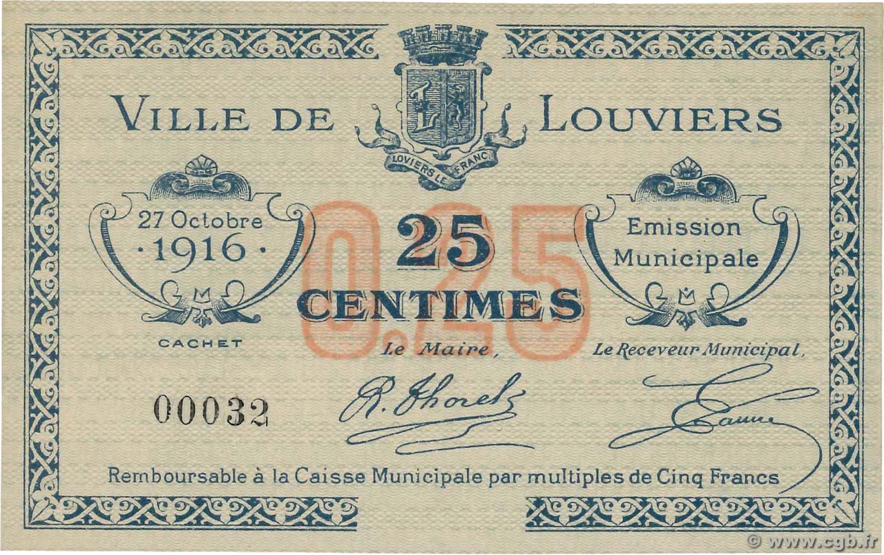 25 Centimes FRANCE régionalisme et divers Louviers 1916 JP.27-13 SPL