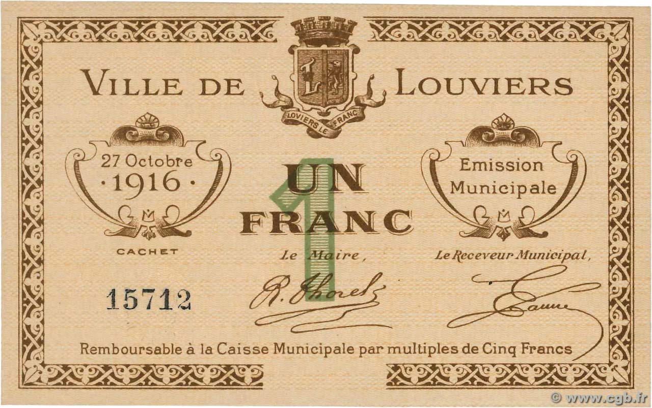 1 Franc FRANCE regionalism and miscellaneous Louviers 1916 JP.27-17 UNC